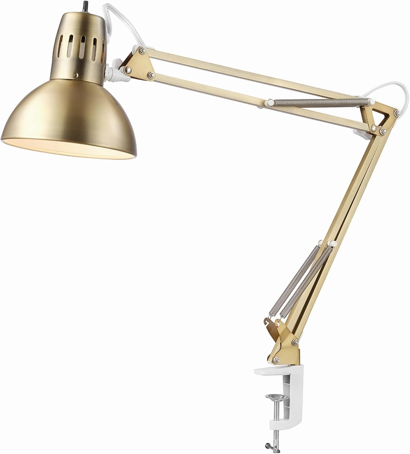 GLOBE Electric 62000010 32" Multi-Joint Desk Lamp with Metal Clamp, Matte Brass, White Accents, On/Off Rotary Switch on Shade, Partially Adjustable Swing Arm, Home Décor, Office Accessory