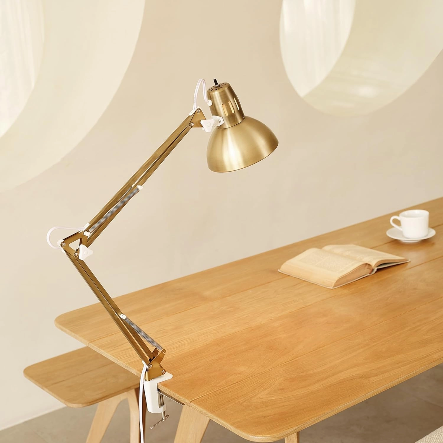 GLOBE Electric 62000010 32" Multi-Joint Desk Lamp with Metal Clamp, Matte Brass, White Accents, On/Off Rotary Switch on Shade, Partially Adjustable Swing Arm, Home Décor, Office Accessory