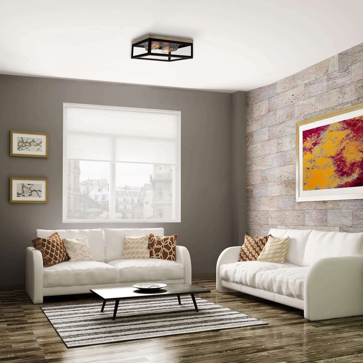 GLOBE Electric 65919 Verona 2-Light Flush Mount, Dark Bronze, Antique Brass Accents, 5 Clear Glass Panes, Bulb Not Included
