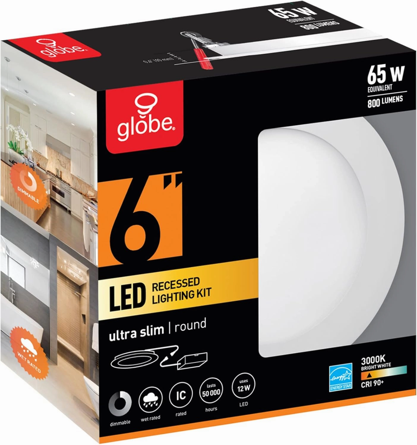 GLOBE Electric 90933 6" Ultra Slim LED Integrated Recessed Lighting Kit, 12 Watts, Energy Star, IC Rated, Dimmable, Wet Rated, White Finish, 6.31" Hole Size, Bathroom Lights, 800 Lumens