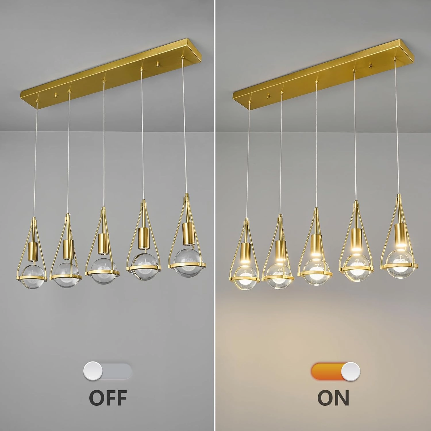 Gold Dandelion Pendant Light in Brushed Brass Finish, 5 Light Modern Crystal Kitchen Island Pendant Lighting Dimmable LED Hanging Ceiling Light Fixture for Kitchen Island Bedroom