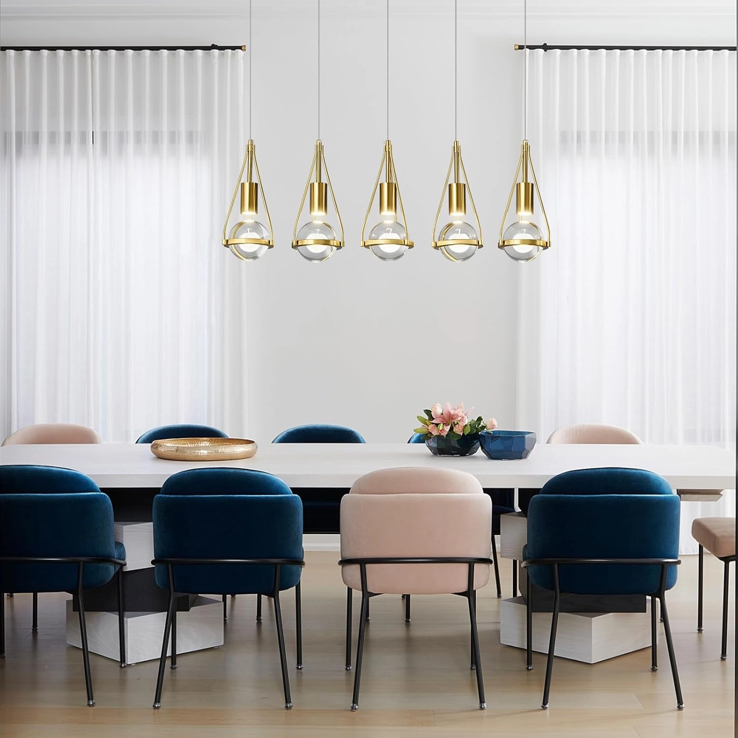 Gold Dandelion Pendant Light in Brushed Brass Finish, 5 Light Modern Crystal Kitchen Island Pendant Lighting Dimmable LED Hanging Ceiling Light Fixture for Kitchen Island Bedroom