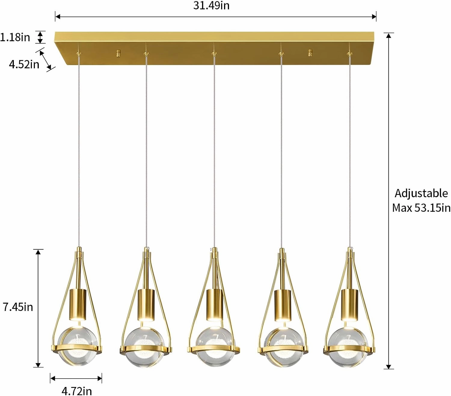 Gold Dandelion Pendant Light in Brushed Brass Finish, 5 Light Modern Crystal Kitchen Island Pendant Lighting Dimmable LED Hanging Ceiling Light Fixture for Kitchen Island Bedroom