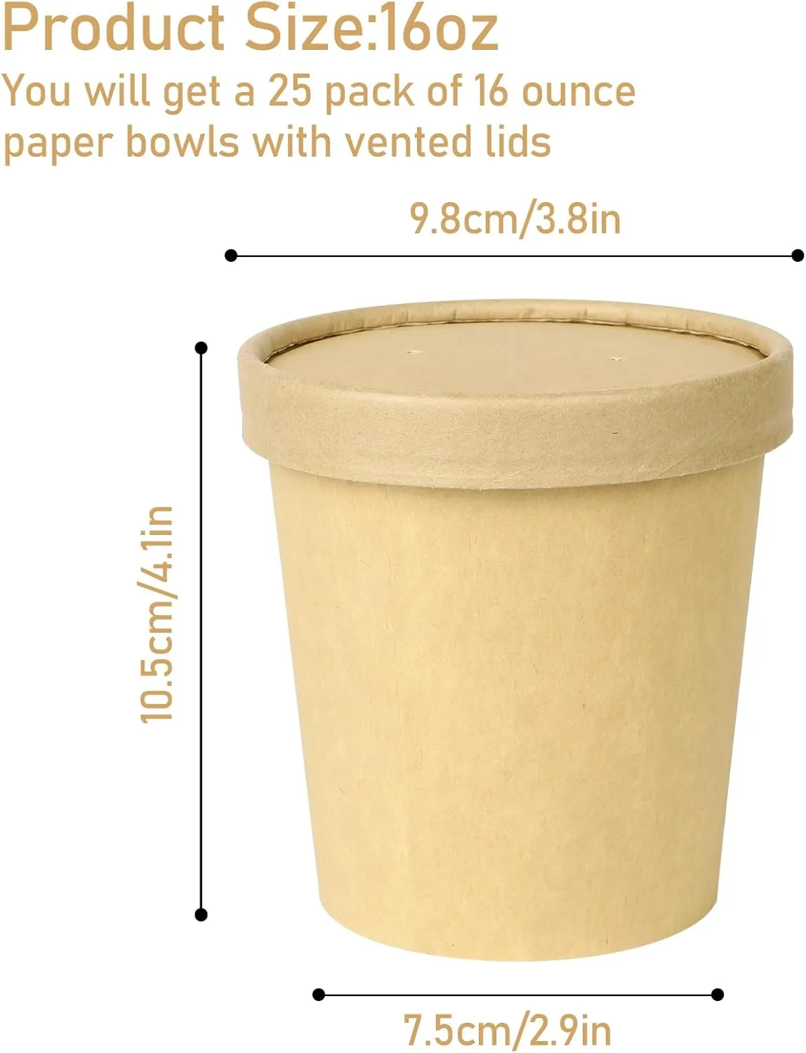 Greensight 16oz Disposable Bowls With Lids, 25 Pack Paper Soup Containers, Biodegradable Serving Bowls for Hot/Cold Food, Kraft Ice Cream