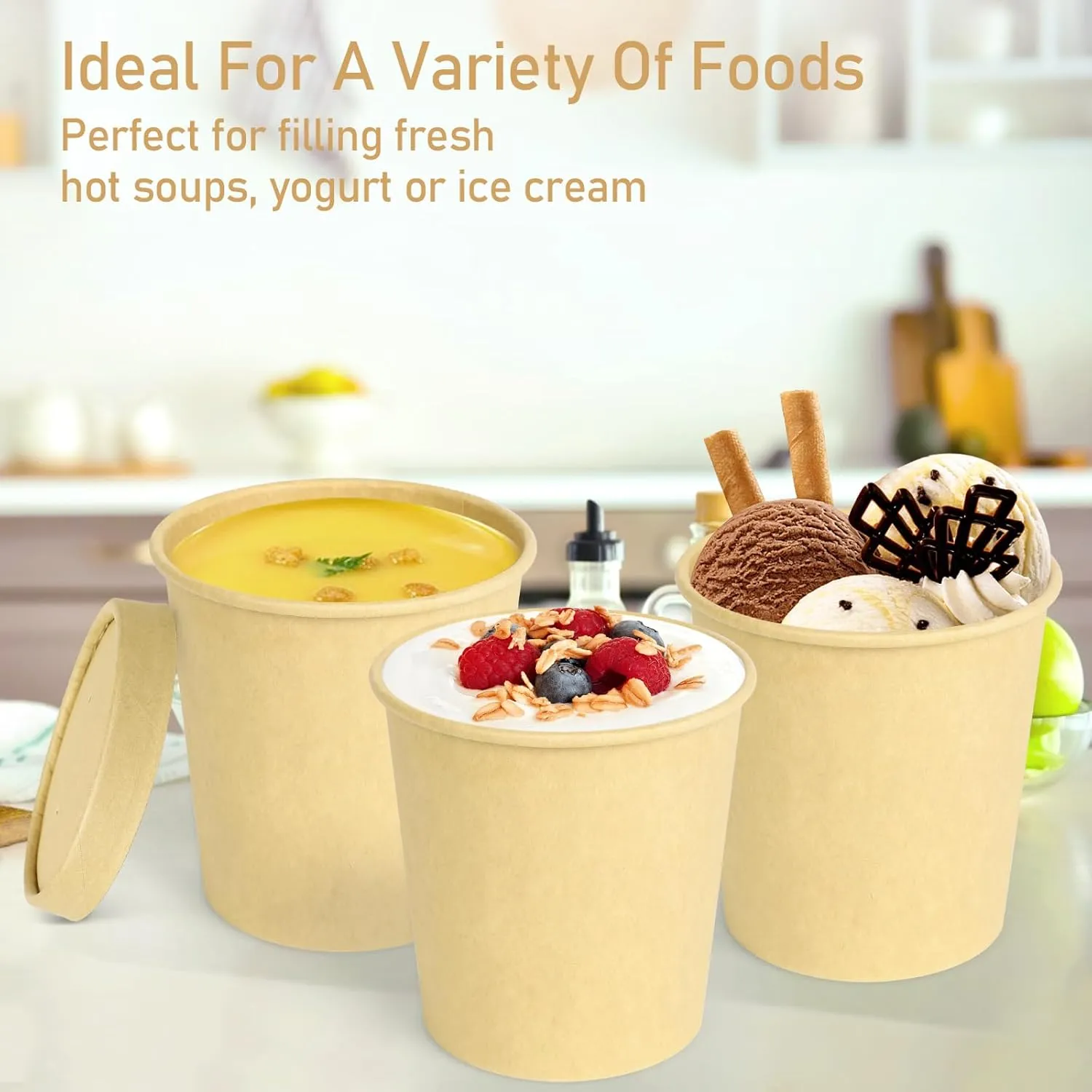 Greensight 16oz Disposable Bowls With Lids, 25 Pack Paper Soup Containers, Biodegradable Serving Bowls for Hot/Cold Food, Kraft Ice Cream