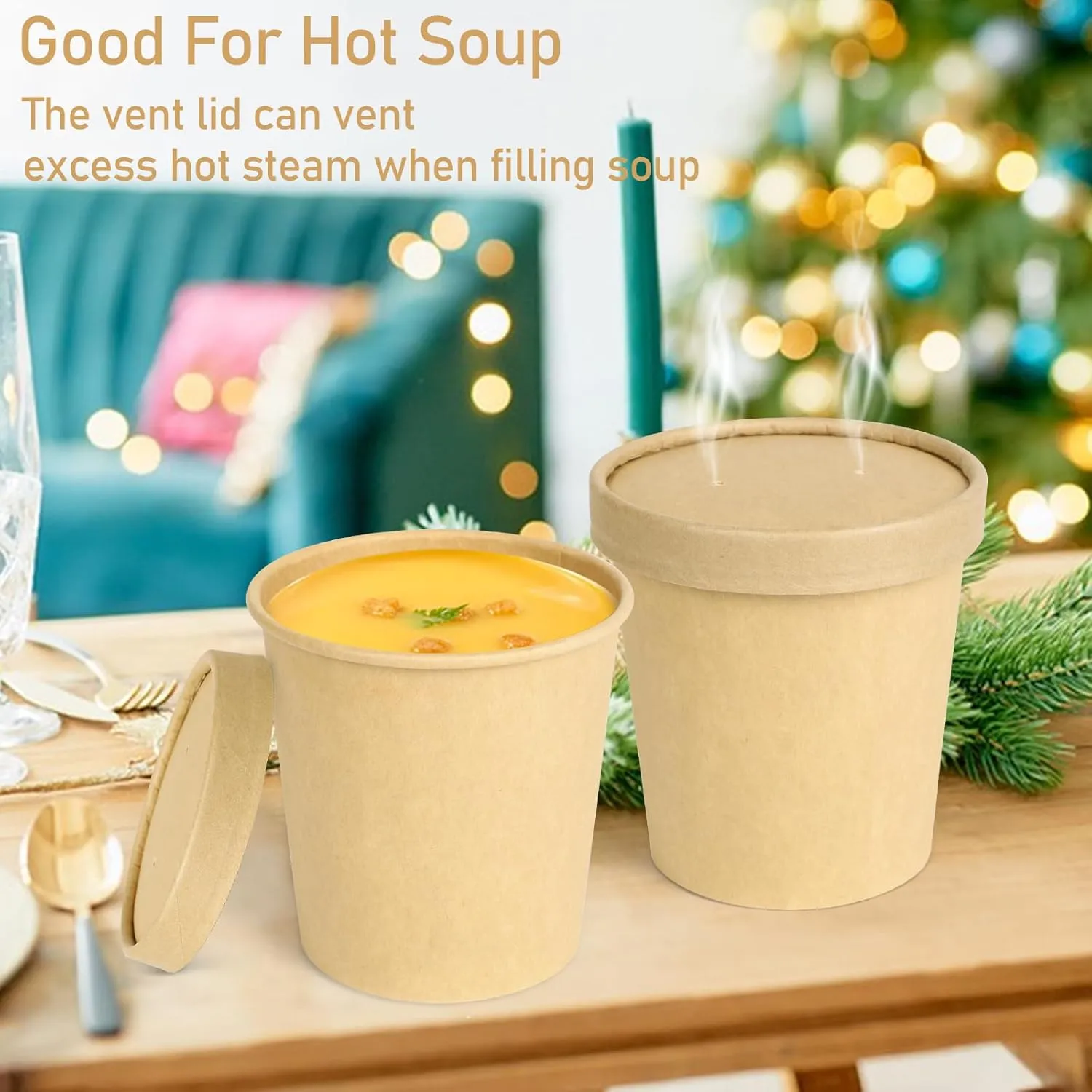 Greensight 16oz Disposable Bowls With Lids, 25 Pack Paper Soup Containers, Biodegradable Serving Bowls for Hot/Cold Food, Kraft Ice Cream