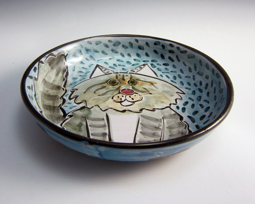 Grey and White Maine Coon Cat Feeding Dish