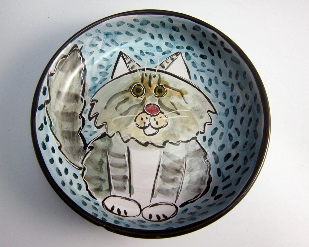 Grey and White Maine Coon Cat Feeding Dish