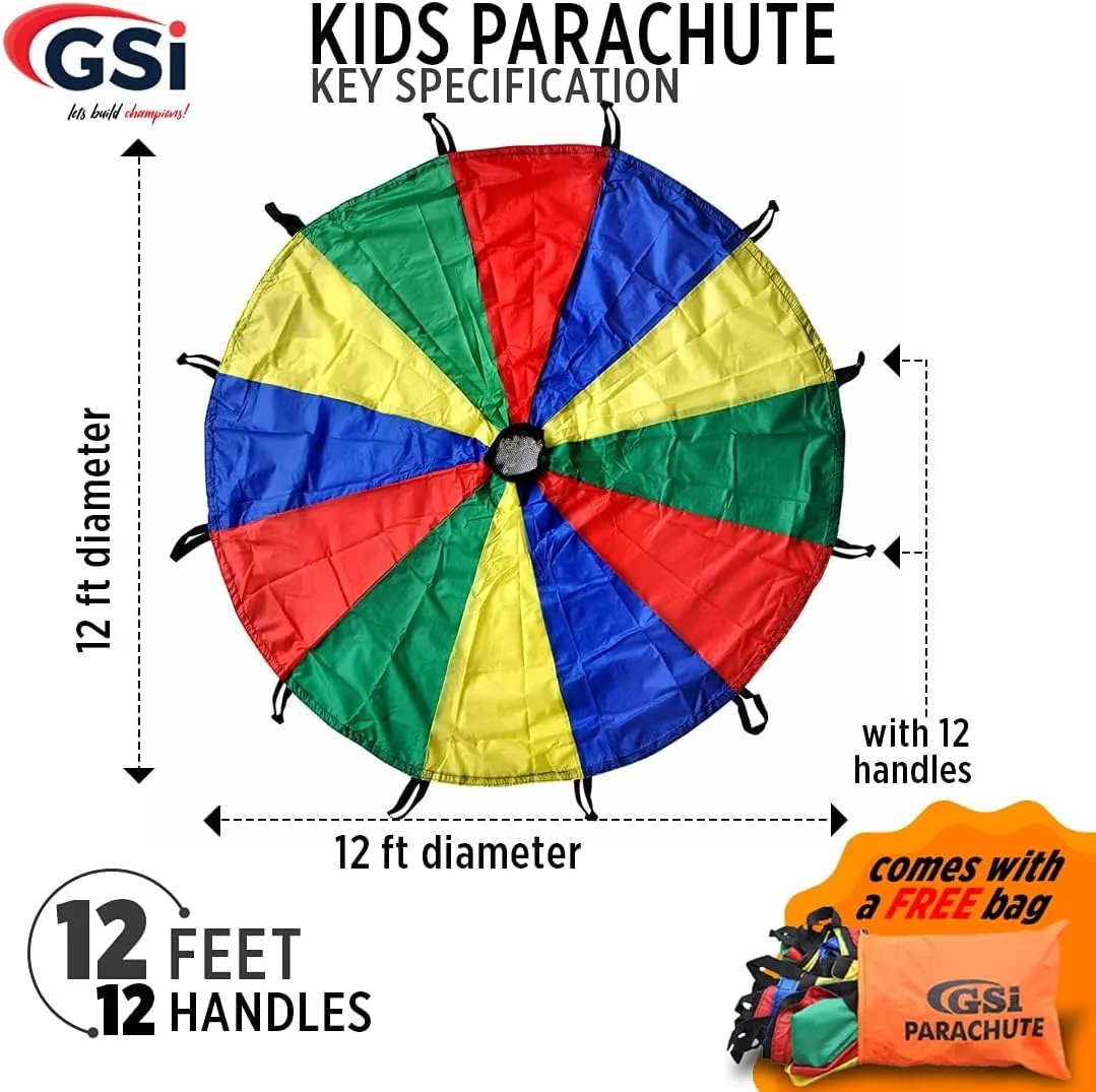 GSi Kids Play Parachute 12 Ft, 16Ft, 20 Ft, Rainbow Parachute Toy Tent Game for Children Gymnastics Cooperative Play and Outdoor Playground Activities