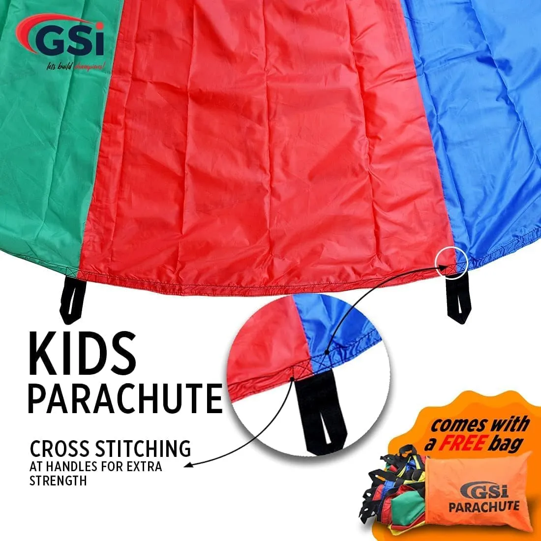 GSi Kids Play Parachute 12 Ft, 16Ft, 20 Ft, Rainbow Parachute Toy Tent Game for Children Gymnastics Cooperative Play and Outdoor Playground Activities