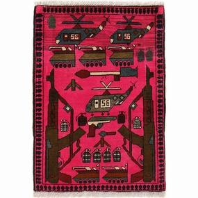 Hand made Oriental Afghan War Pictorial Design Small Pink Rug