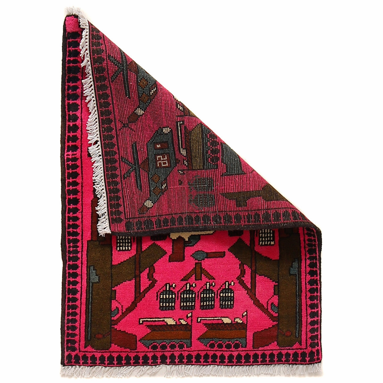 Hand made Oriental Afghan War Pictorial Design Small Pink Rug