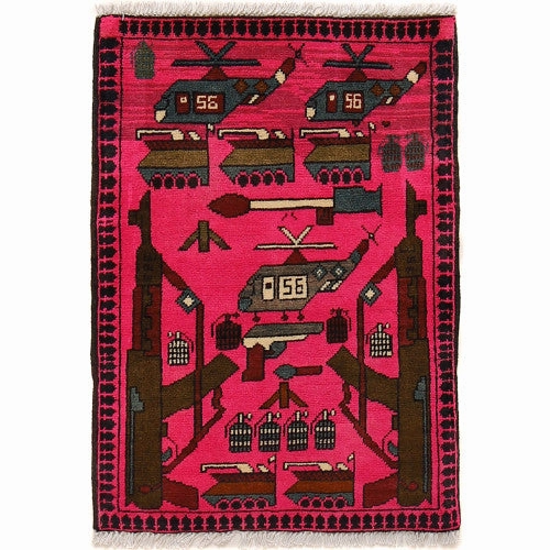 Hand made Oriental Afghan War Pictorial Design Small Pink Rug