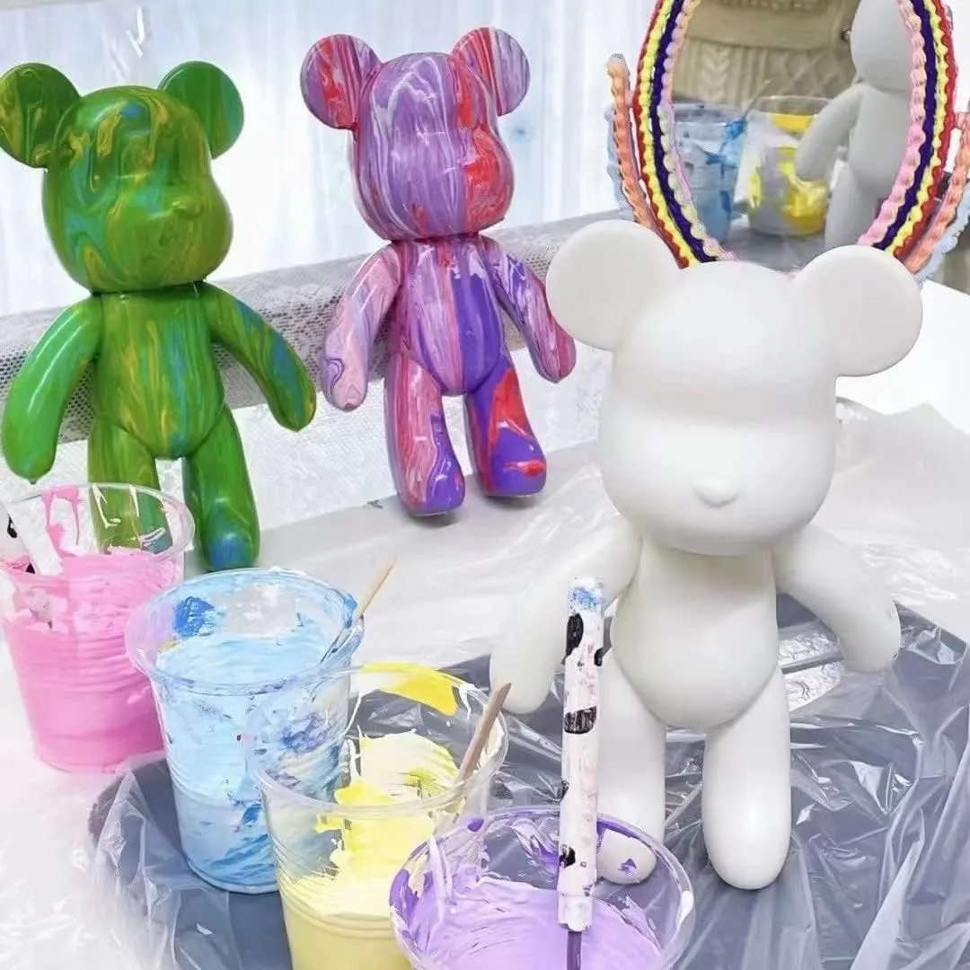 HANDA 13.4 inch DIY Painting Teddy Bear Violent Bear Kit Set Fluid Painting Creative Home Decorations Handmade Doll Figurine Toys Gift for Birthday Valentine's Day (13.4 inch, White Pink Purple)