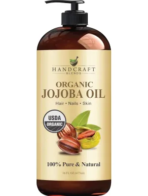 Handcraft Blends USDA Organic Jojoba Oil - Cold-Pressed 16 Fl Oz - 100% Pure and Natural - Premium Grade Carrier Oil for Skin and Hair - Hair and Body - Massage - Hexane-Free