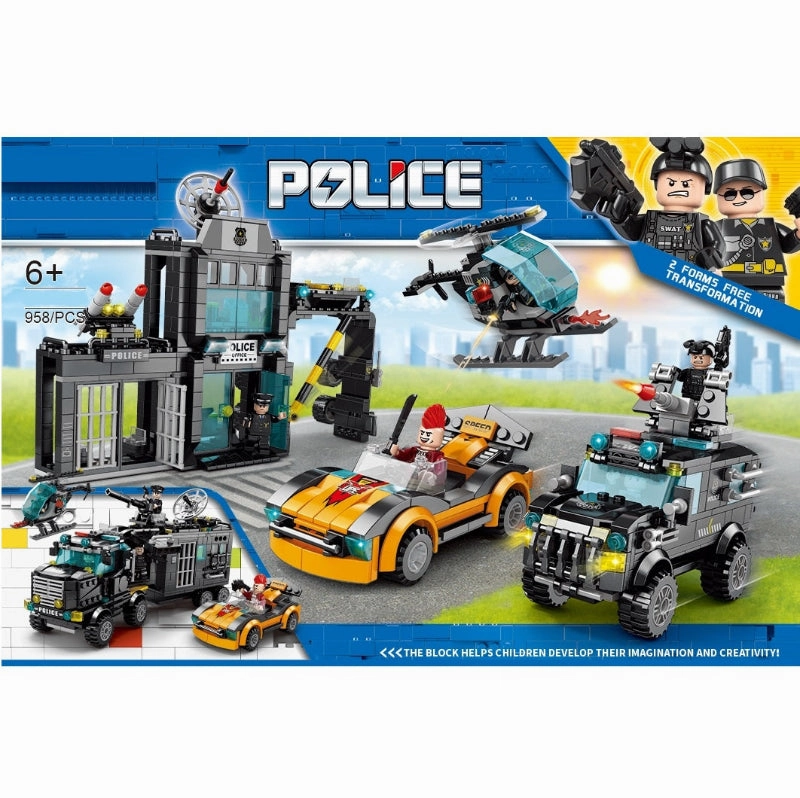 HANDSOME BUILDING BLOCK SERIES POLICE STATION WITH HELICOPTER AND VEHICLE 958 PCS