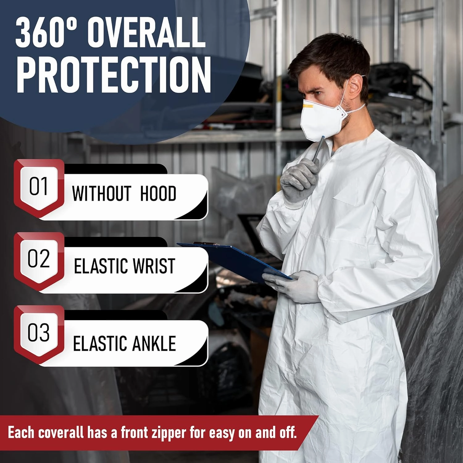 Hazmat Suits Disposable | 25 Pack, Medium | Non-Hooded Protective Coveralls - Heavy Duty Full Body Painters Suit for Men & Women Without Hood - Breathable & Water Resistant - Medium