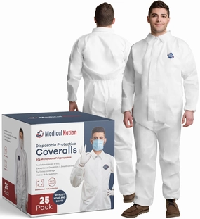 Hazmat Suits Disposable | 25 Pack, Medium | Non-Hooded Protective Coveralls - Heavy Duty Full Body Painters Suit for Men & Women Without Hood - Breathable & Water Resistant - Medium