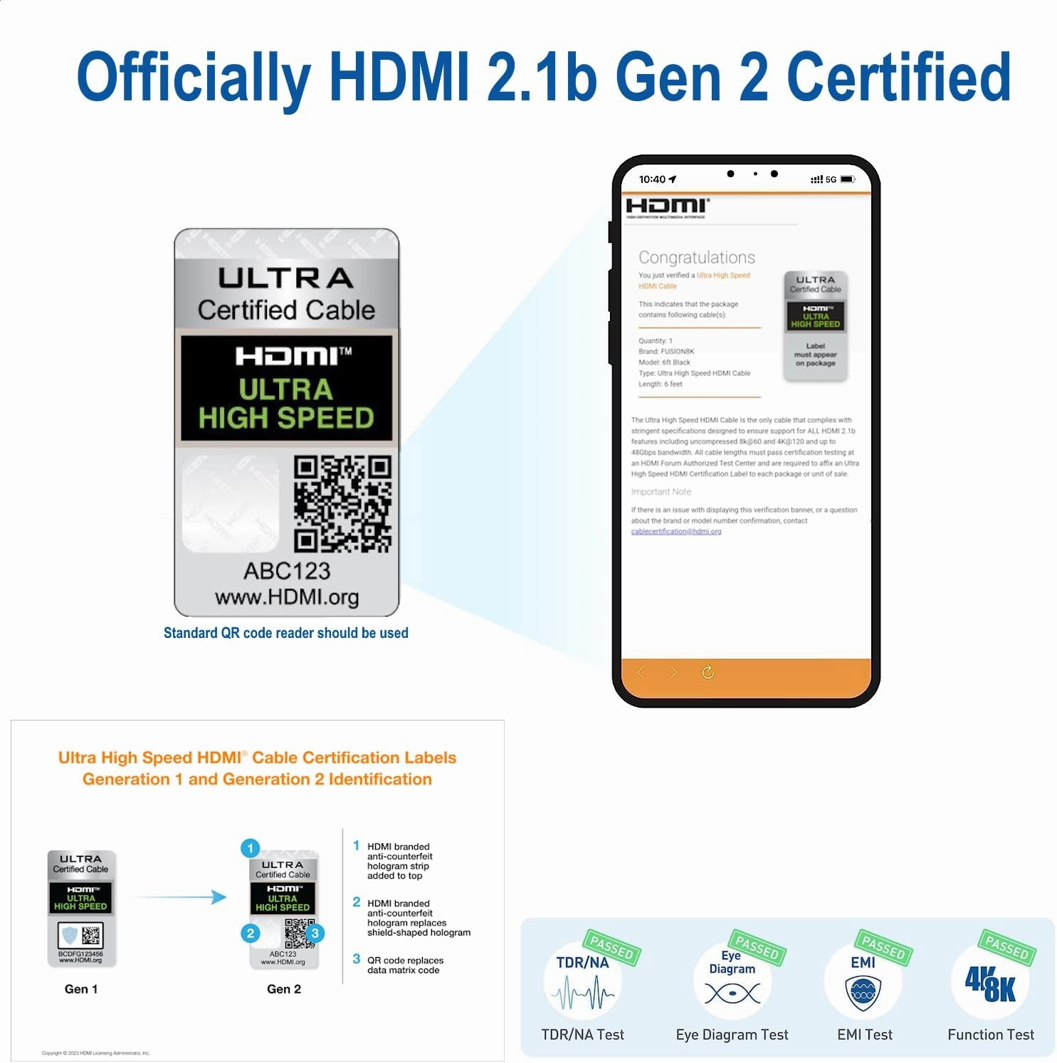 HDMI 2.1 Certified Cable Supports 10K 8K @60Hz and 4K @120Hz Compatible with All TVs, BluRay, Xbox Series X, PS5 (6 Feet)