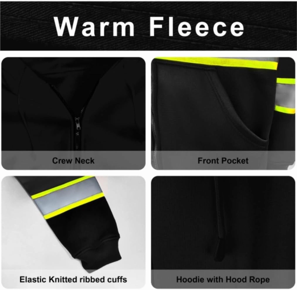 Hi Vis Vests, Building Night Safety Reflective Clothing Plus Fleece Hooded Zipper Sweatshirt Reflective Safety Vest