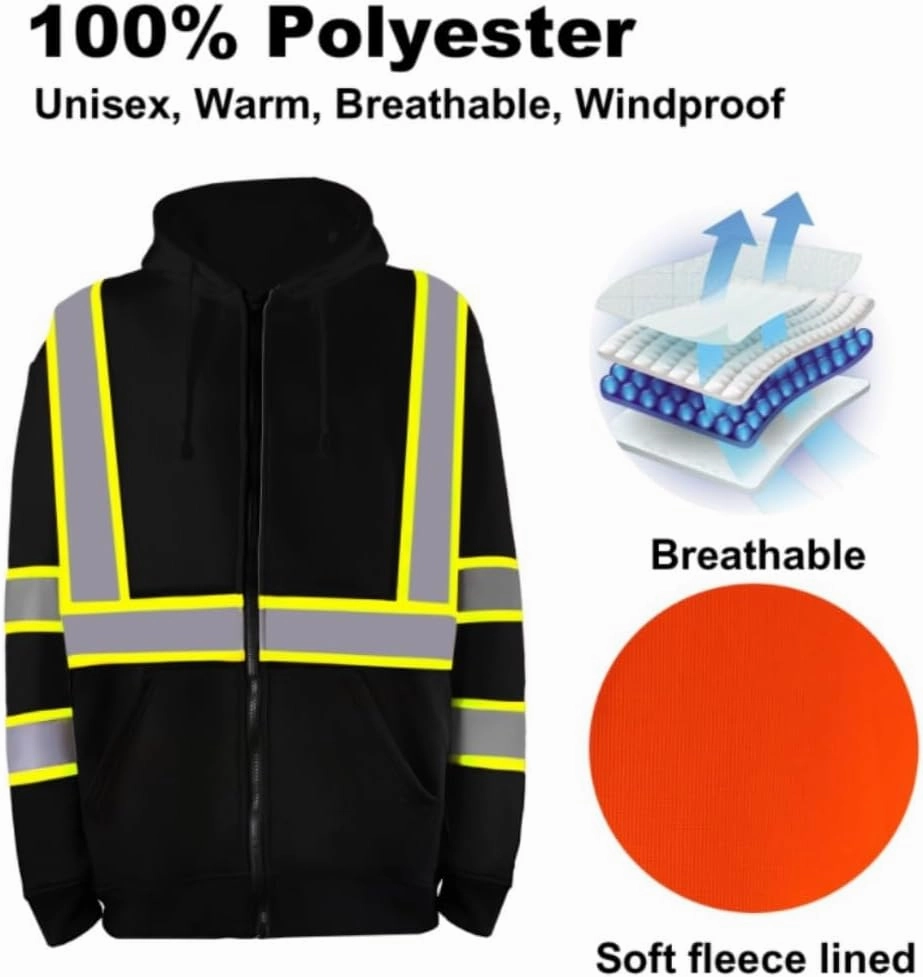 Hi Vis Vests, Building Night Safety Reflective Clothing Plus Fleece Hooded Zipper Sweatshirt Reflective Safety Vest