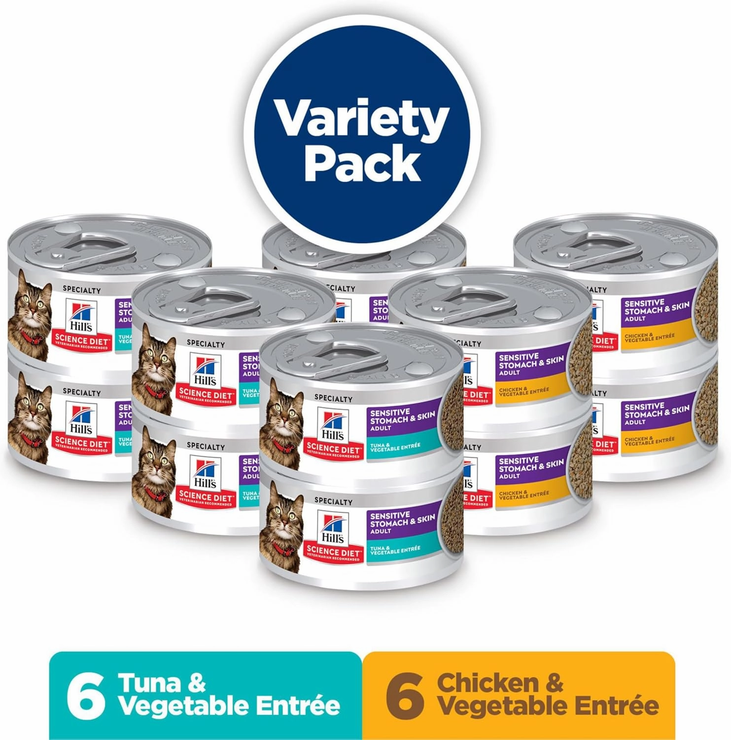 Hill's Science Diet Sensitive Stomach & Skin, Adult 1-6, Stomach & Skin Sensitivity Support, Wet Cat Food, Variety Pack: Chicken; Tuna Minced, 2.9 oz Can Variety Pack, Case of 12