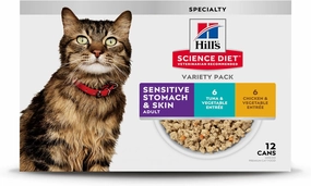 Hill's Science Diet Sensitive Stomach & Skin, Adult 1-6, Stomach & Skin Sensitivity Support, Wet Cat Food, Variety Pack: Chicken; Tuna Minced, 2.9 oz Can Variety Pack, Case of 12