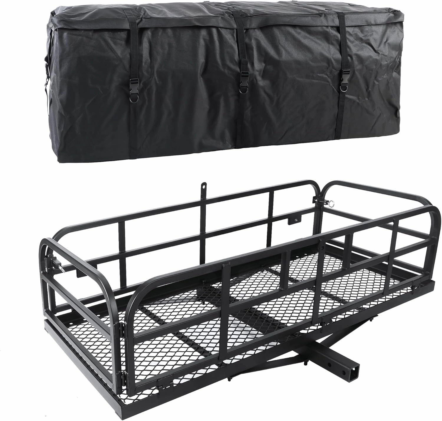 Hitch Mount Cargo Carrier AUSUM MOTOR 60x24x14 in Folding Trailer Hitch Cargo Basket, Heavy Duty 500Lbs Capacity Rear Luggage Basket w/Waterproof Cargo Bag fit 2" Hitch Receiver for SUV Truck