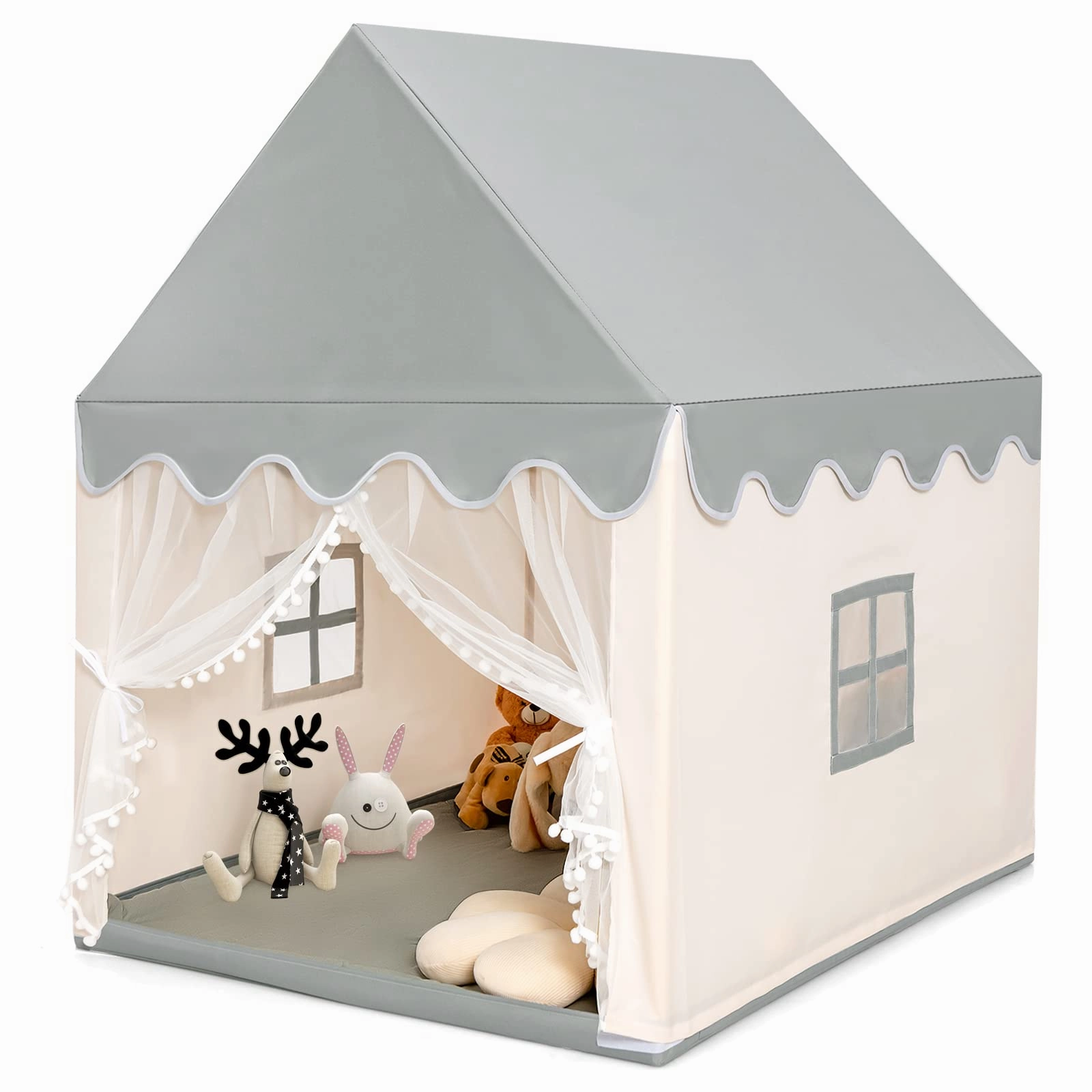 HONEY JOY Kids Play Tent, Large Playhouse for Children w/Washable Mat, Windows, Solid Wood Frame
