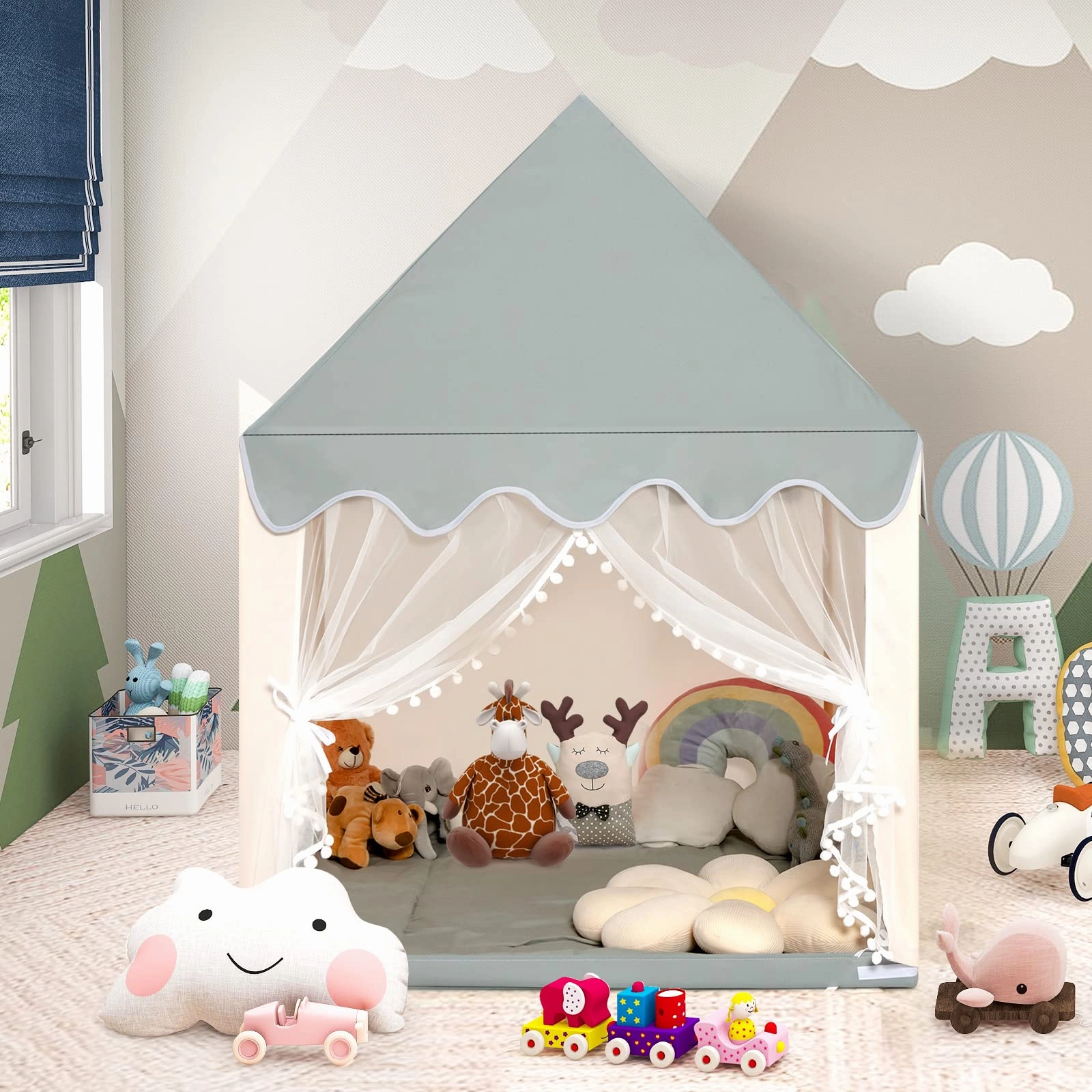 HONEY JOY Kids Play Tent, Large Playhouse for Children w/Washable Mat, Windows, Solid Wood Frame