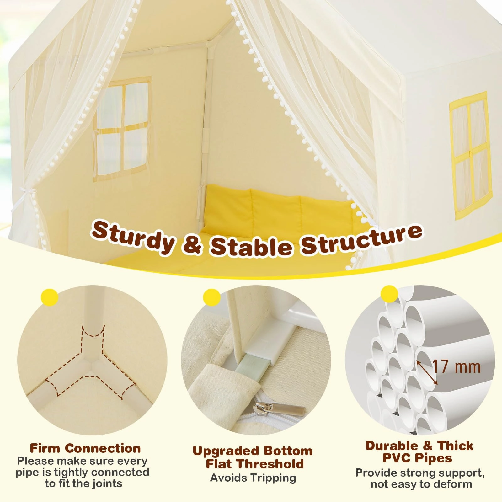 HONEY JOY Large Play Tent, Kids & Toddlers Playhouse with Washable Cotton Mat, Star Lights, Windows