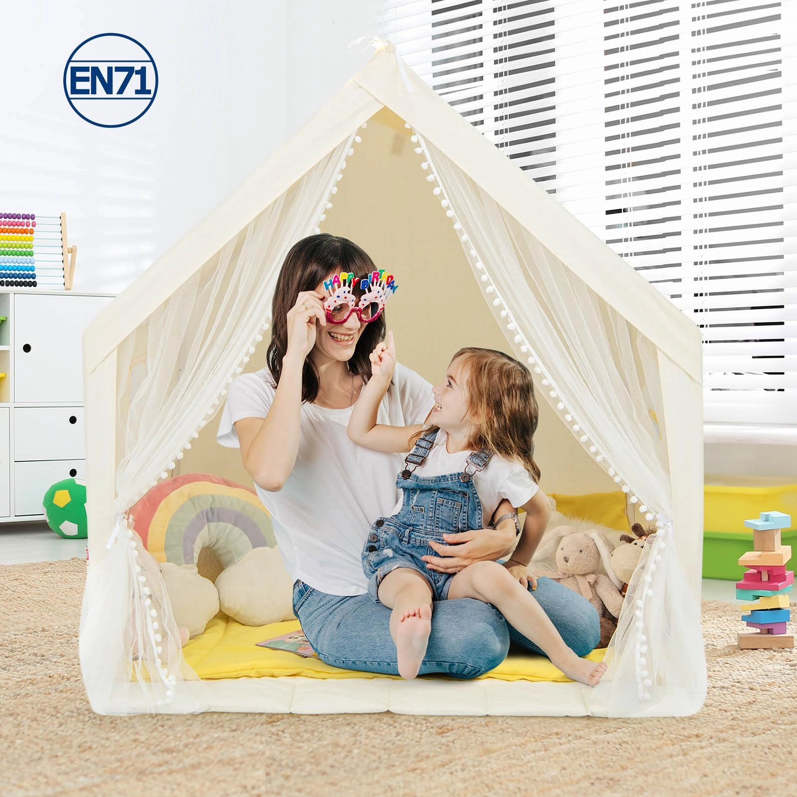 HONEY JOY Large Play Tent, Kids & Toddlers Playhouse with Washable Cotton Mat, Star Lights, Windows