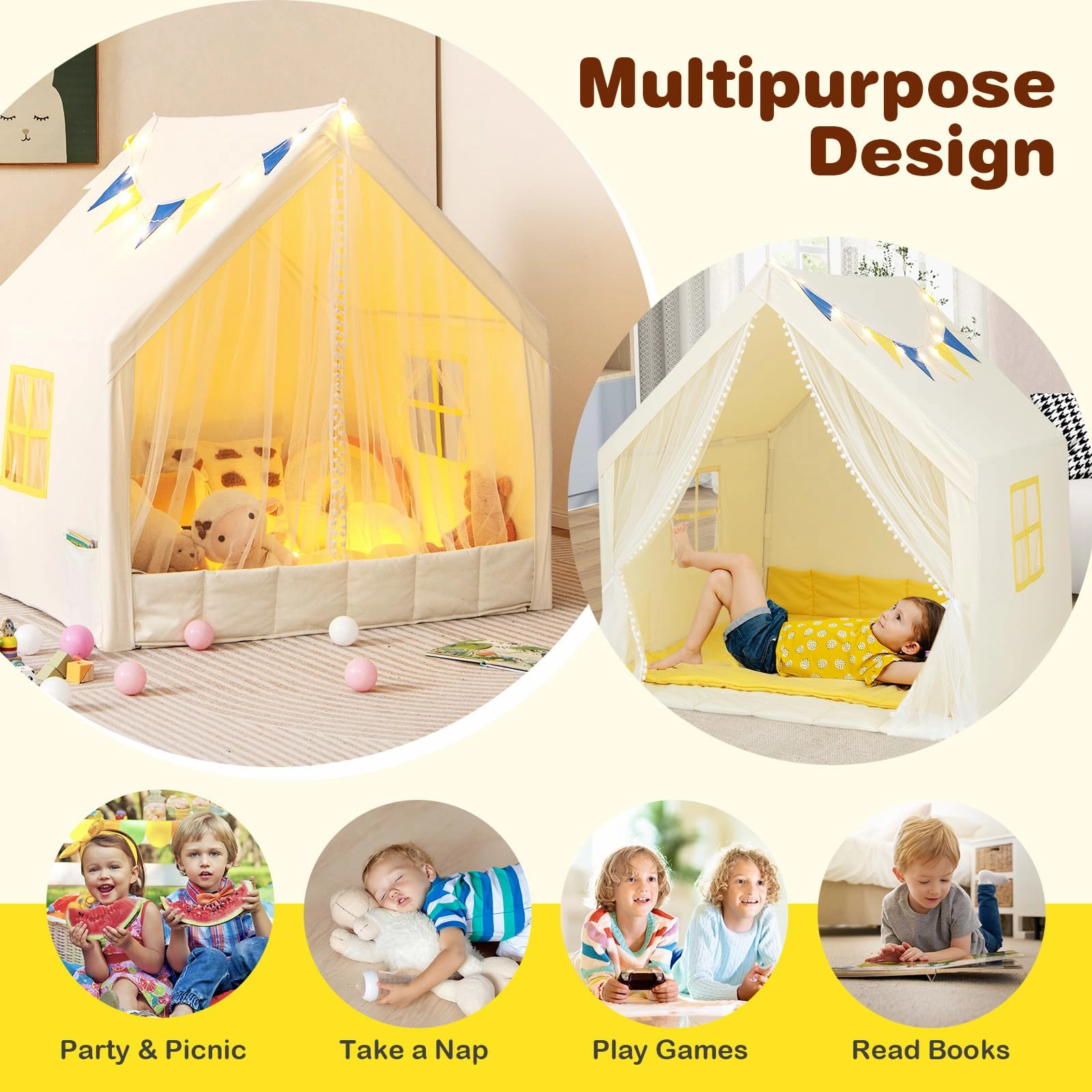 HONEY JOY Large Play Tent, Kids & Toddlers Playhouse with Washable Cotton Mat, Star Lights, Windows