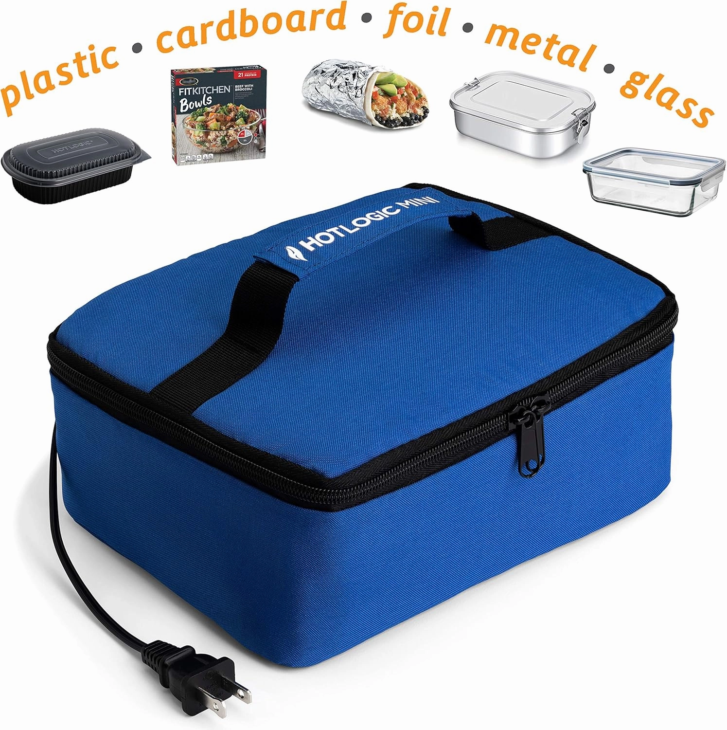 HOTLOGIC Mini Portable Electric Lunch Box Food Heater with Glass Container - Food Warmer and Heated Lunch Box for Adults Car/Home - Cook, Reheat, and Keep Your Food Warm - BLUE - 120V