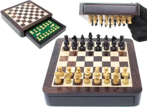 House of Chess - 7.5 Inch Wooden Magnetic Travel Chess Set with Storage Drawer & Algebraic Notation - 2 Extra Queens - Handmade