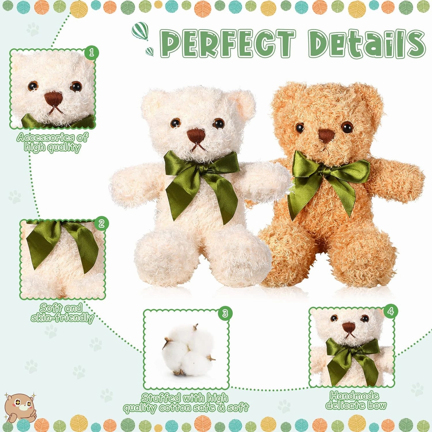 HyDren 12 Pack Bear Stuffed Animals Bulk 10 Inch Small Bear for Baby Shower Centerpiece Plush Toys with Bow Tie for Wedding Birthday Bulk Christmas Holiday(White, Light Brown, Dark Brown)