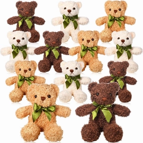 HyDren 12 Pack Bear Stuffed Animals Bulk 10 Inch Small Bear for Baby Shower Centerpiece Plush Toys with Bow Tie for Wedding Birthday Bulk Christmas Holiday(White, Light Brown, Dark Brown)