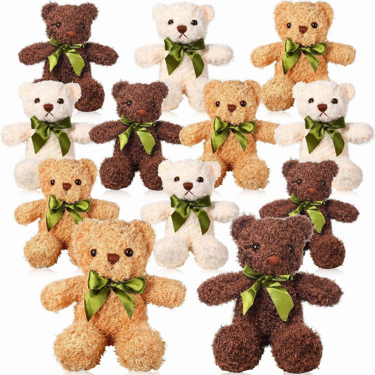 HyDren 12 Pack Bear Stuffed Animals Bulk 10 Inch Small Bear for Baby Shower Centerpiece Plush Toys with Bow Tie for Wedding Birthday Bulk Christmas Holiday(White, Light Brown, Dark Brown)