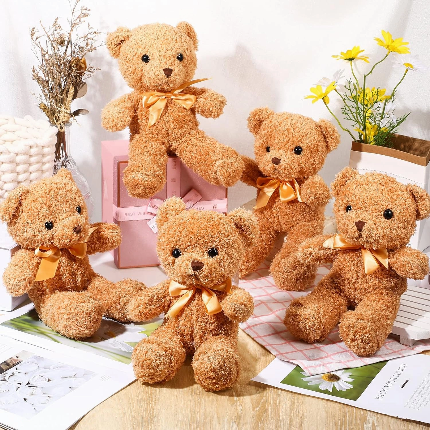 HyDren 5 Pcs Bears Stuffed Animal Soft Plush Toys Valentine 12 Inches Cute Small Shaggy Bear with Hoodie Bow Tie for Kids Boys Girls Baby Shower Birthday Party(Bow Tie Style,Light Brown)