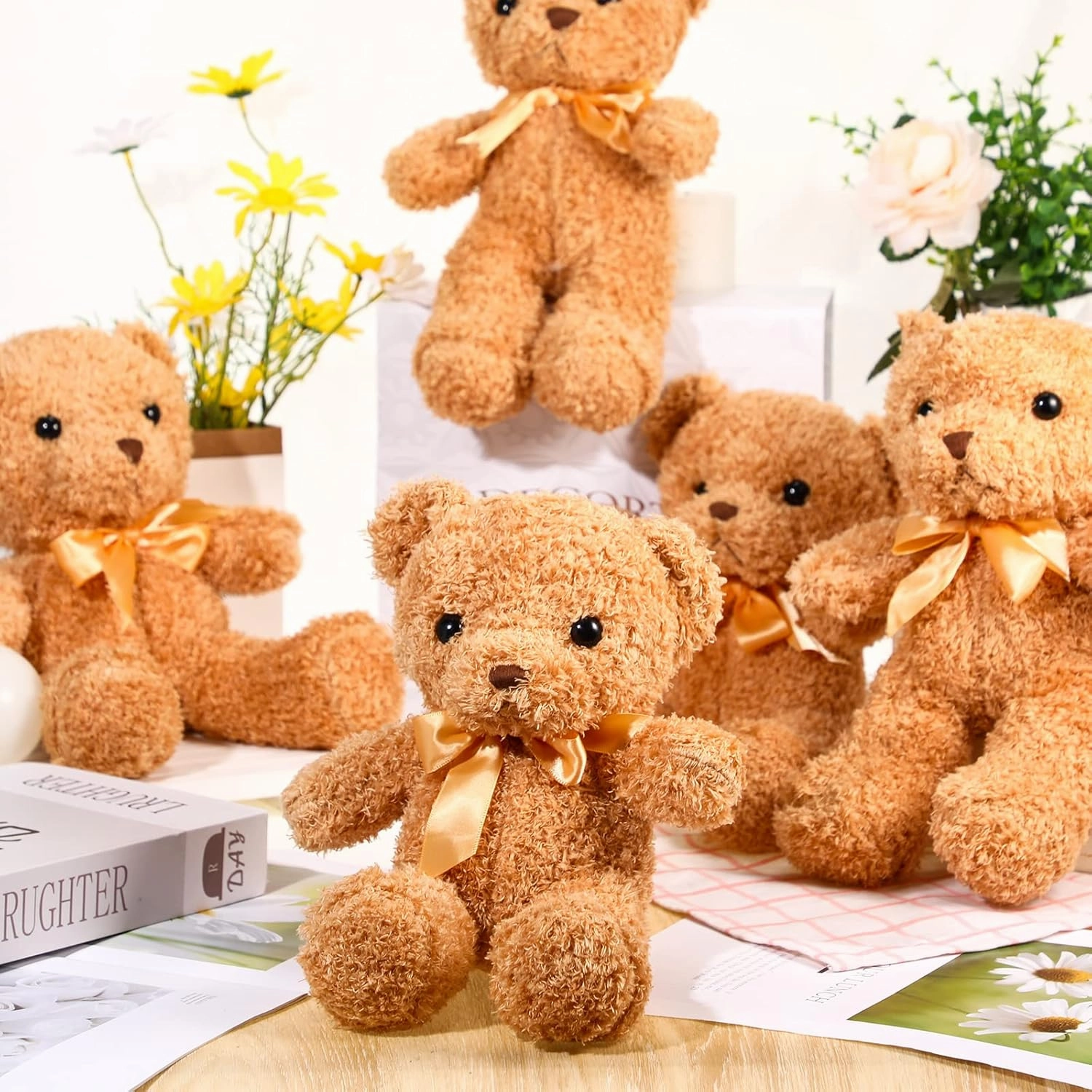 HyDren 5 Pcs Bears Stuffed Animal Soft Plush Toys Valentine 12 Inches Cute Small Shaggy Bear with Hoodie Bow Tie for Kids Boys Girls Baby Shower Birthday Party(Bow Tie Style,Light Brown)