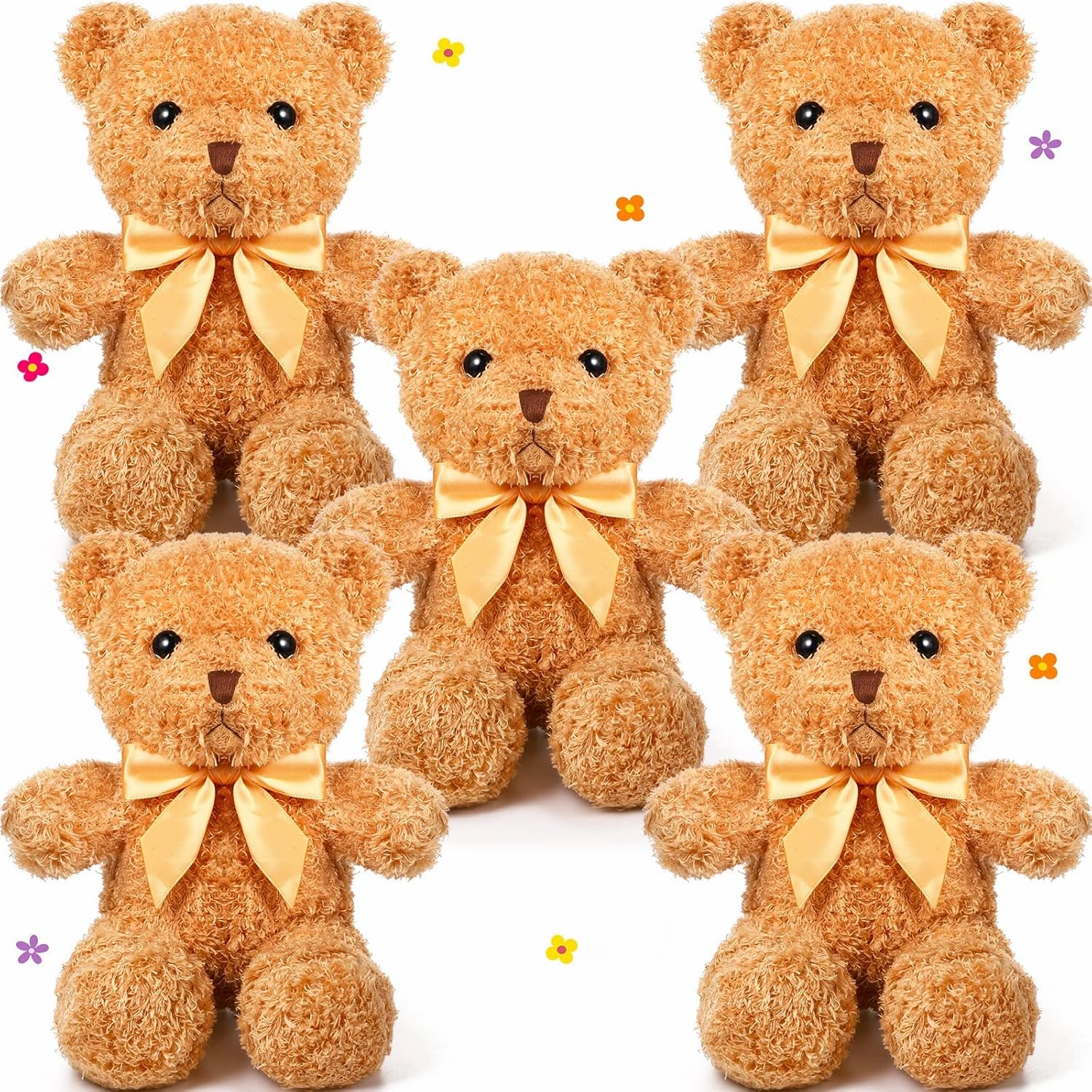 HyDren 5 Pcs Bears Stuffed Animal Soft Plush Toys Valentine 12 Inches Cute Small Shaggy Bear with Hoodie Bow Tie for Kids Boys Girls Baby Shower Birthday Party(Bow Tie Style,Light Brown)