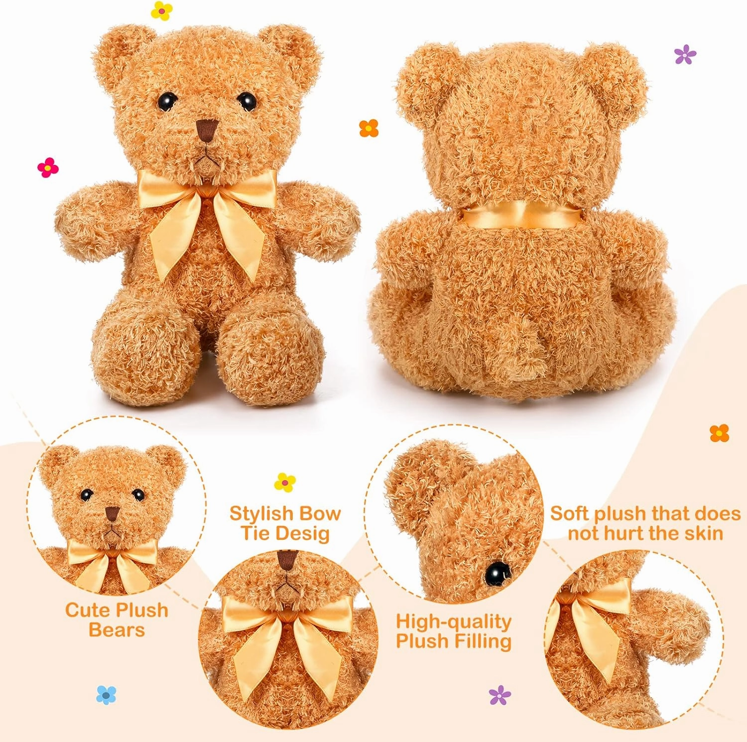 HyDren 5 Pcs Bears Stuffed Animal Soft Plush Toys Valentine 12 Inches Cute Small Shaggy Bear with Hoodie Bow Tie for Kids Boys Girls Baby Shower Birthday Party(Bow Tie Style,Light Brown)