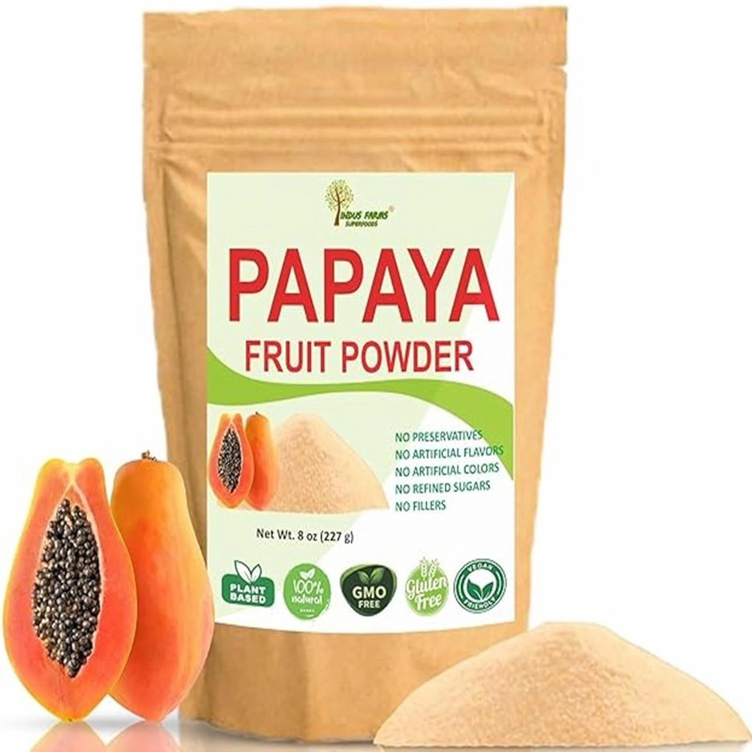 Indus Farms Superfoods Papaya Fruit Powder, Natural Papain Food Tenderizer, Use for Baking, Marinades, Sauces, Juices, Yogurts, Supplements, Sports Nutrition, Pet Foods, DIY Face Masks, GMO-Free, Vegan | 8 oz