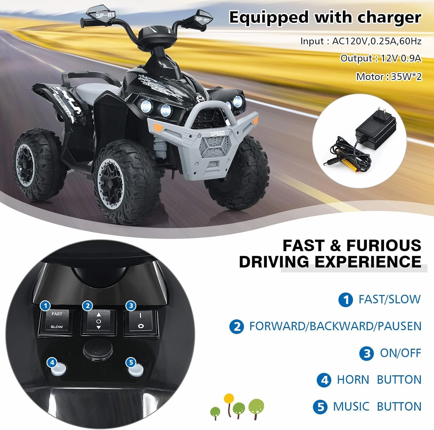 INFANS Kids Ride on ATV, 12V 4 Wheeler Quad Toy Vehicle with Music, Horn, High Low Speeds, LED Lights, Electric Ride On Toy, Battery Powered Wheels Car for Kids Over 3 Years Old (Black)