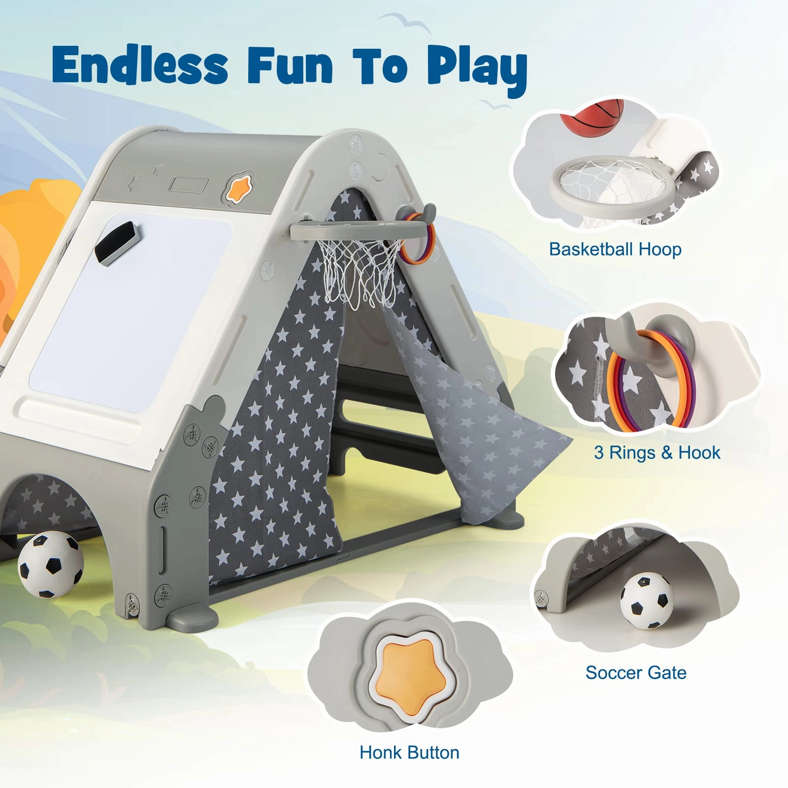 INFANS Triangle Climber with Tent, Kids Hideaway Play Tent with Rock Wall Climbing, Waterproof Tent Cover, Crawling Tunnel Toy