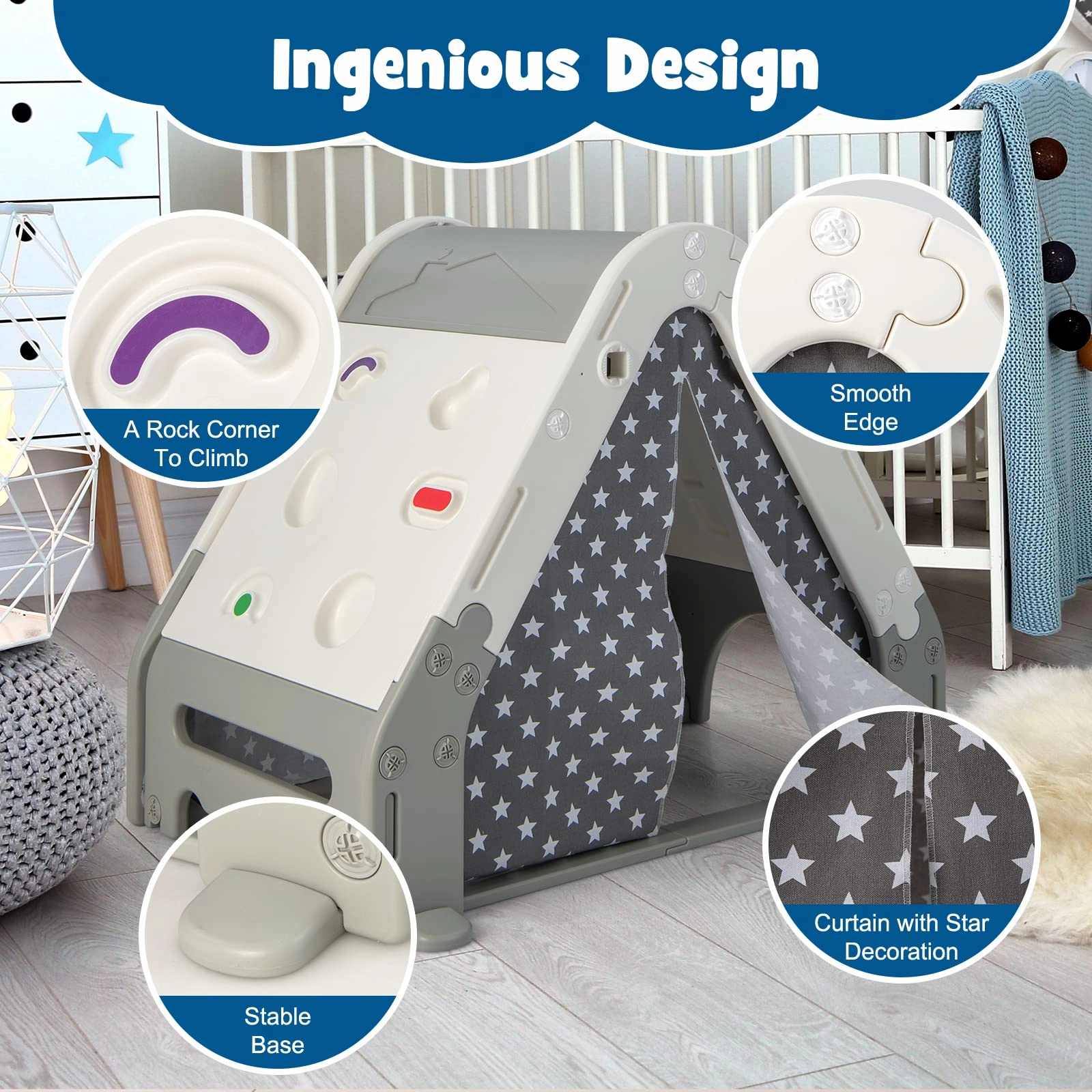 INFANS Triangle Climber with Tent, Kids Hideaway Play Tent with Rock Wall Climbing, Waterproof Tent Cover, Crawling Tunnel Toy