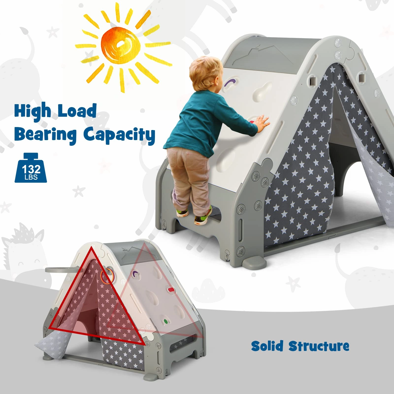 INFANS Triangle Climber with Tent, Kids Hideaway Play Tent with Rock Wall Climbing, Waterproof Tent Cover, Crawling Tunnel Toy