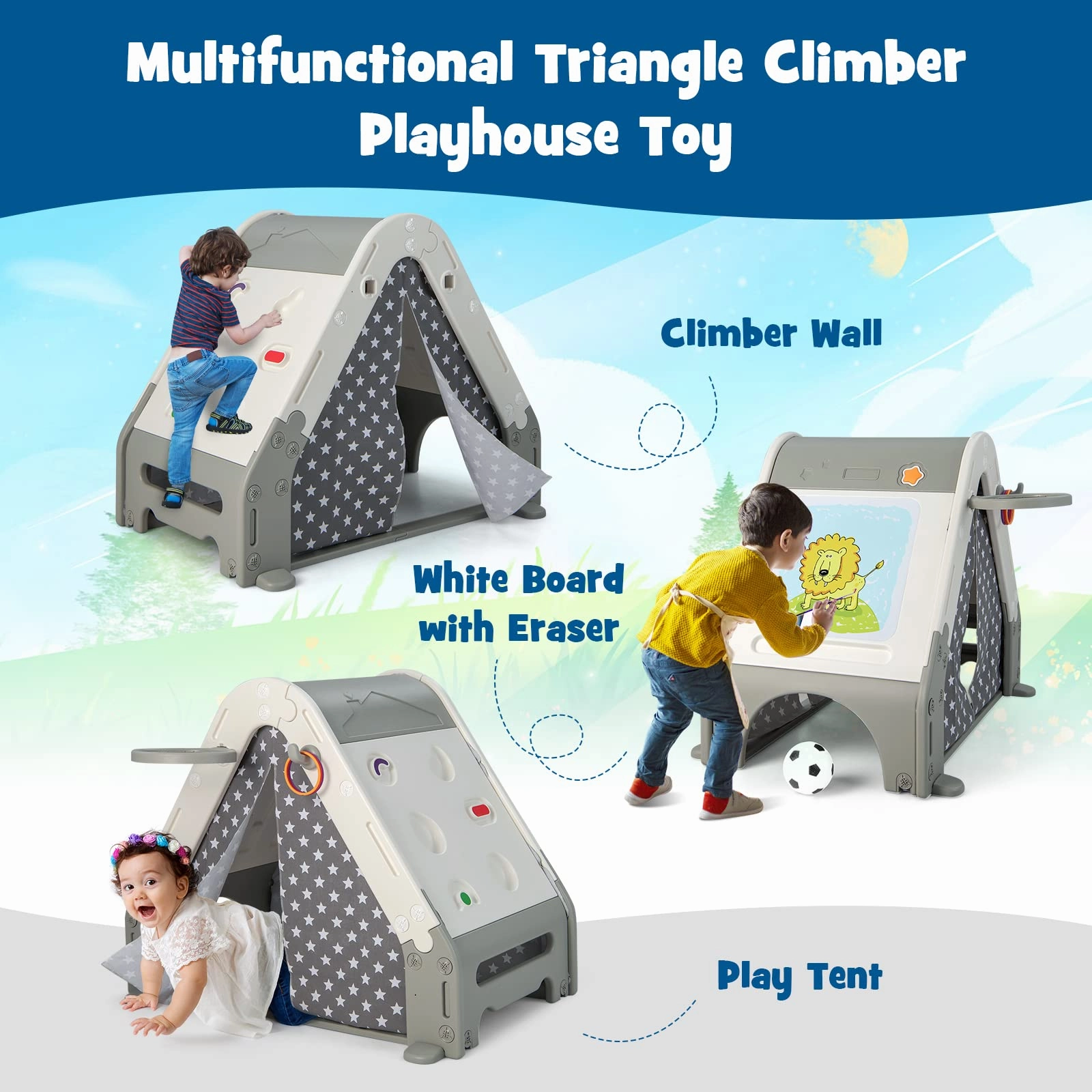 INFANS Triangle Climber with Tent, Kids Hideaway Play Tent with Rock Wall Climbing, Waterproof Tent Cover, Crawling Tunnel Toy