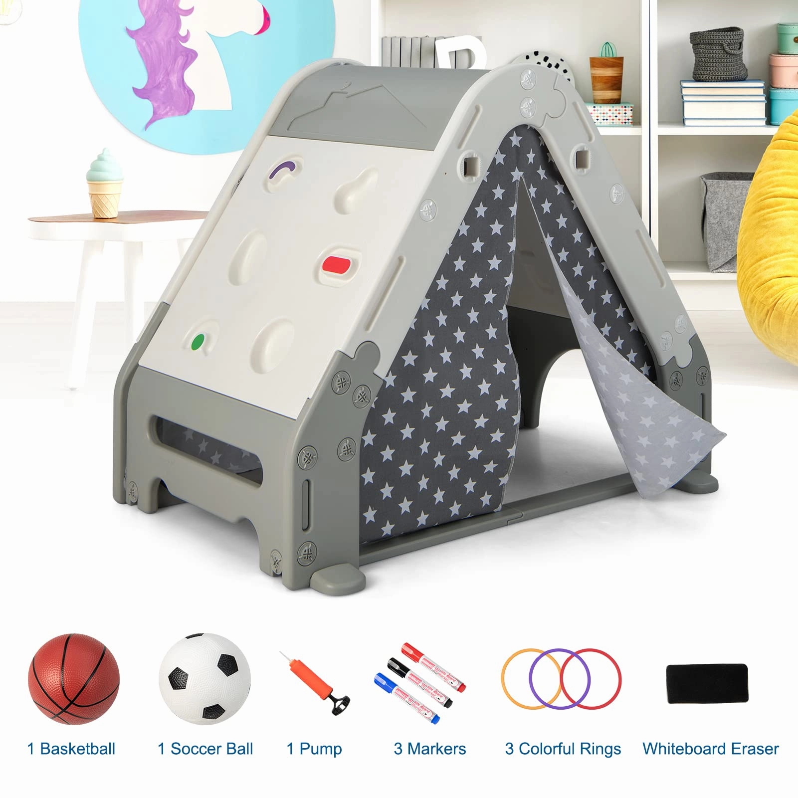 INFANS Triangle Climber with Tent, Kids Hideaway Play Tent with Rock Wall Climbing, Waterproof Tent Cover, Crawling Tunnel Toy