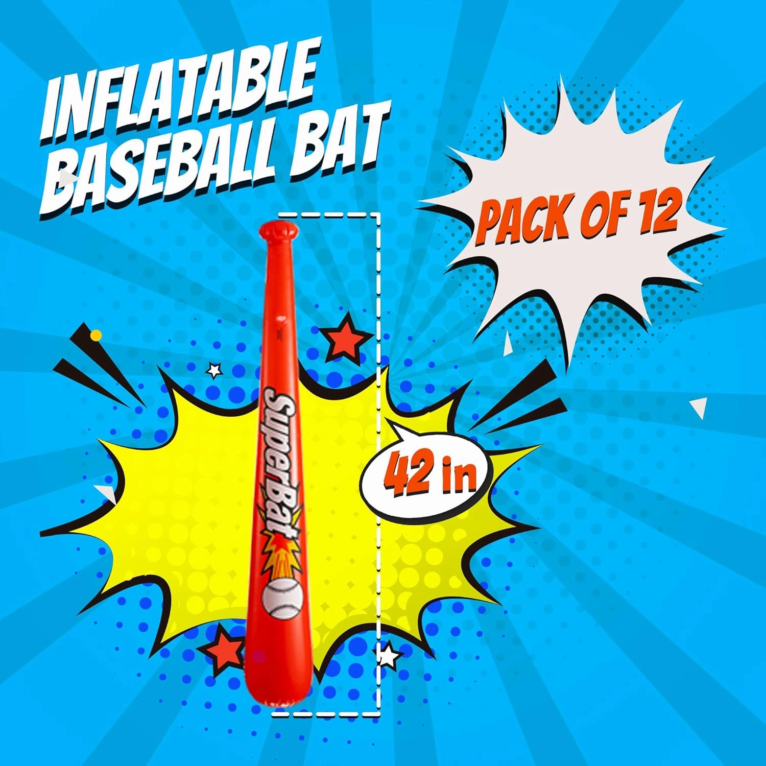 Inflatable Baseball Bats in Bulk - (Pack of 12) - Giant 42 Inch Baseball Party Favors for Kids, Sports Theme Toy Party Supplies and Birthday Party Decorations by Bedwina